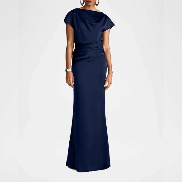 Halston Heritage Dresses & Skirts - Halston Lissandra Satin Navy Blue Draped Gown